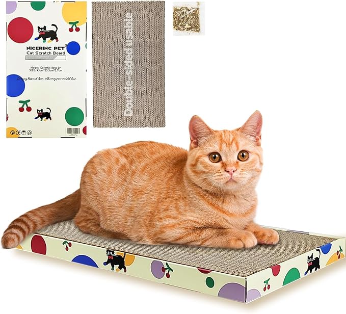 Cat Scratching Boards, 1 Pack Cat Scratch Pad With Box, Double-Sided Reversable Long Lasting Corrugate Scratchers, Refillable Scratch Pad, Cardboard Cat Scratcher for Small Medium Cat Kitten (17”x10”)