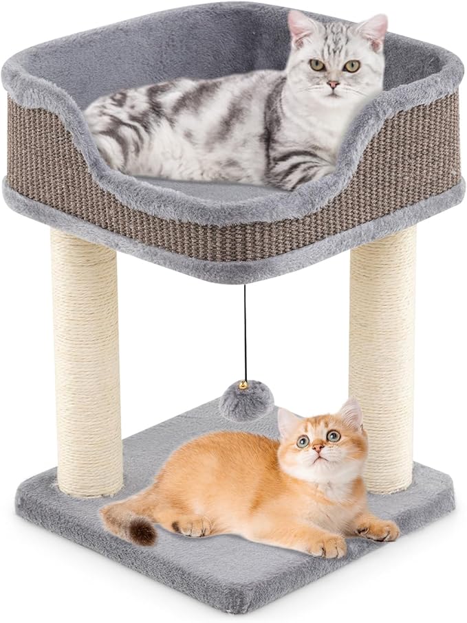 Tangkula Small Cat Tree for Indoor Cats, Modern Carpeted Cat Tower with Soft Plush Perch, Cat Condo Cat Bed with Scratching Posts, Dangling Ball, Cute Cat Activity Tree for Play Rest (Light Gray)