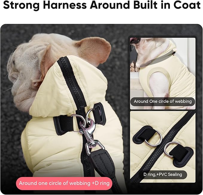 Fleece Lining Dog Hoodie with Harness Built in,Extra Warm Small Dog Jacket in Winter Puppy Coats with Hooded,Light Yellow M