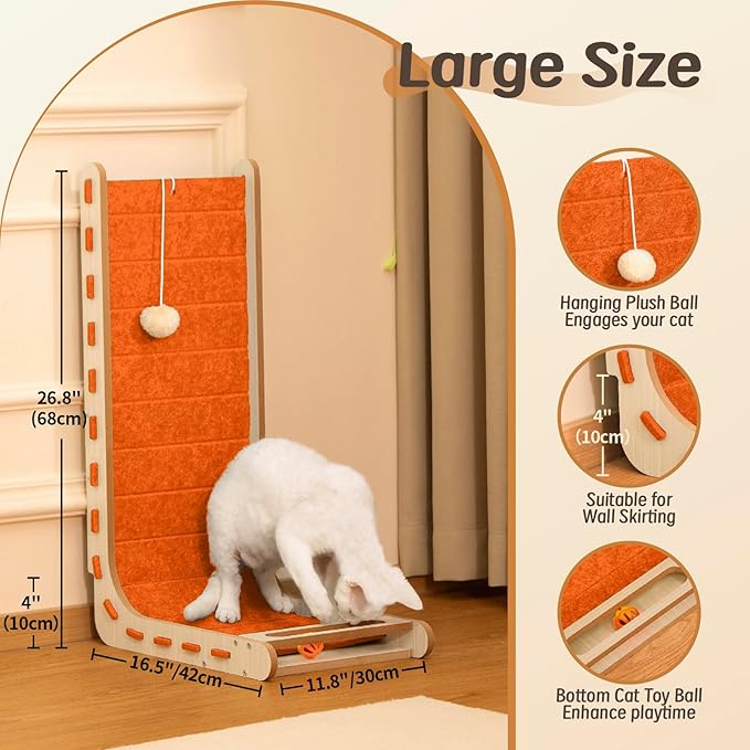 Cat Scratcher with Bell Ball Cat Scratch Pad L-Shaped Scratch Mat Vertical Cat Scratching Board for Indoor Cats Felt Cats Scratching Post Furniture Protector Kittens Cratchers Toys- Orange