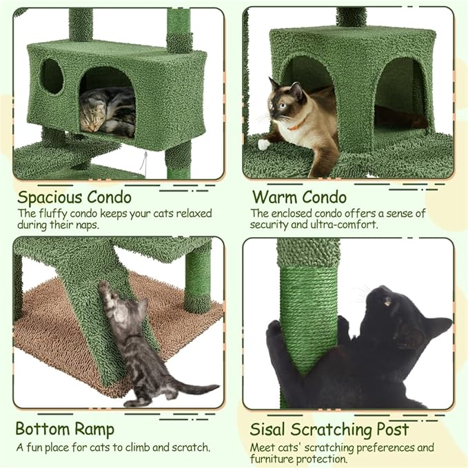 Yaheetech Cactus Cat Tree, 54.5in Tower w/Ramp, Animal-Ear Shaped Perch, Scratching Posts, Platform & Hanging Ball, Multi-Level Condo for Indoor Kittens, Green/Brown