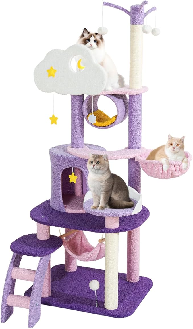 Lucky Monet Cute Cat Tower 65 Inches, Unique Cat Tree Large Tall for Indoor Cats, Purple Pink Cloud Big Cat Tree Cat Castle Mansion Condo for Large Cats Activity Trees with Scratching Post Hammock