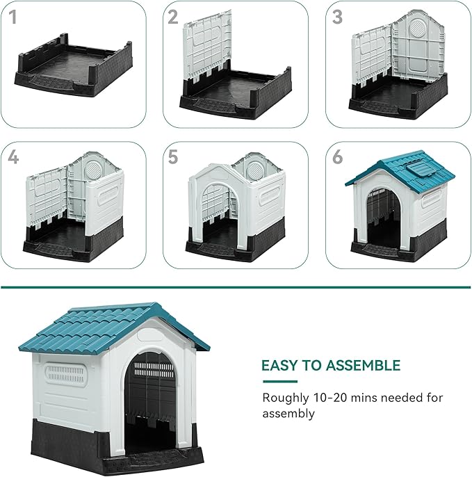YITAHOME Dog House Outdoor Plastic Doghouse Water Resistant Pet House with Adjustable Skylight and Elevated Base for Small, Medium, and Large Dogs