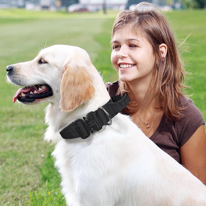 MoNiBloom Tactical Dog Collar with Handle, 1.5 Inch Wide Heavy Duty Military Collar for Medium Large Dog Walking, Training, Running, Black