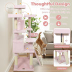Tangkula 65 Inch Tall Pink Cat Tree, Multi-Level Cat Tower with Sisal Scratching Posts & Board, 2 Condos, 3 Plush Top Perches, Adjustable Basket, 3 Hanging Balls for Indoor Cats (Pink)