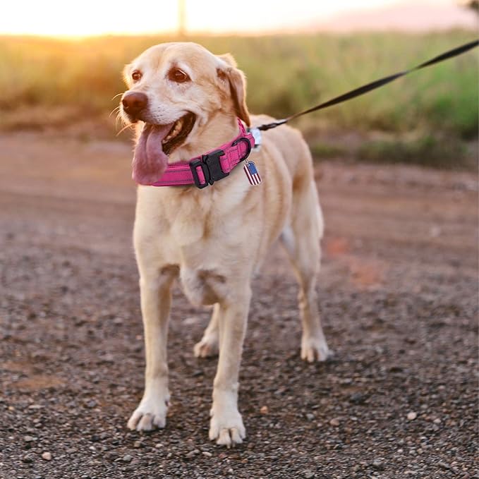 Reflective Tactical Dog Collar Adjustable for Training and Service K9 Dog Collar with Military Nylon Heavy Duty Metal Buckle and Control Handle for Medium and Large Dogs,1.5" Width Pink