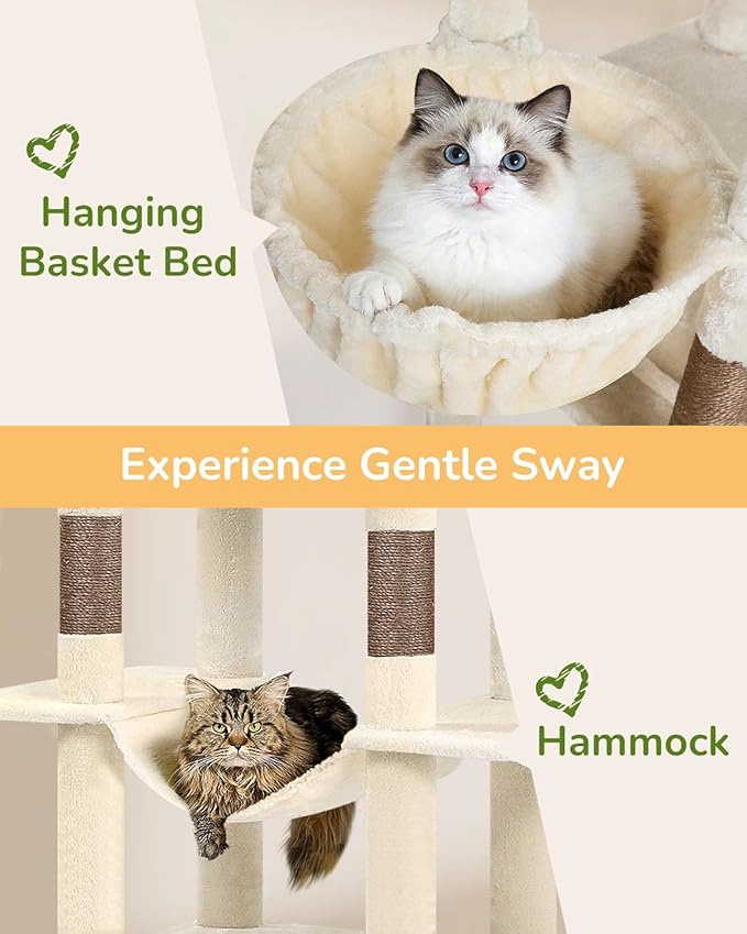 Globlazer Heavy Duty Cat Tree Tower 80in Tall Extra Large Cat Tree Tower for Multiple Indoor Cats Large Adult with Scratching Posts, 2 Spacious Condos, Padded Perches, Soft Hammock, S80B, Beige