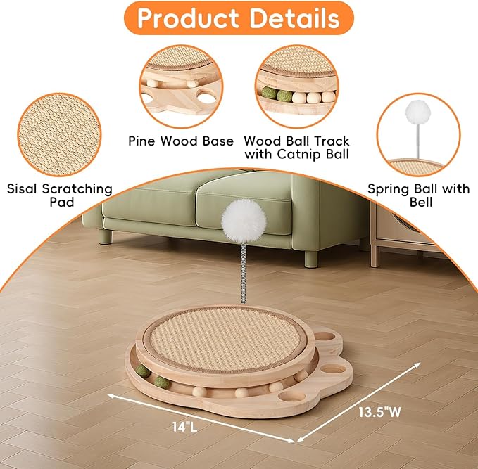 3-in-1 Cat Scratcher Board & Activity Center with Sisal Scratching Pad, Ball Track & Spring Toy, Interactive Cat Furniture for Indoor Cats