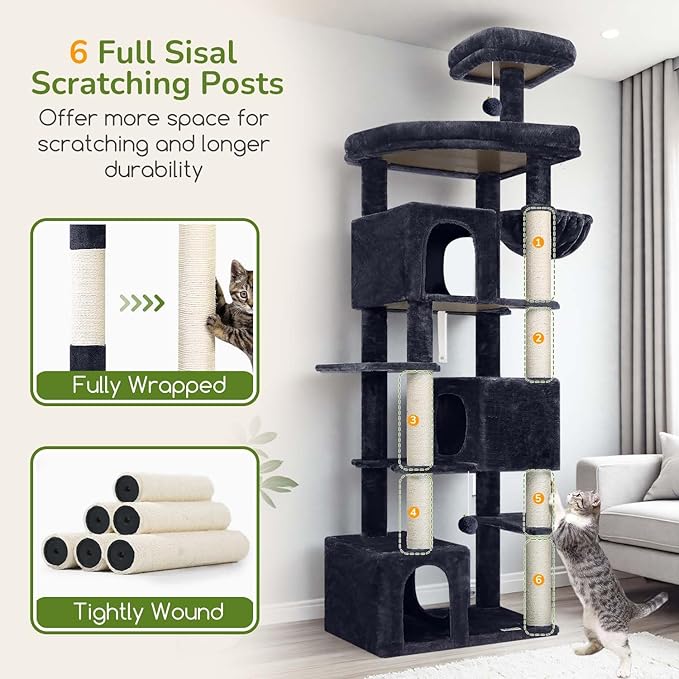 Globlazer Cat Tree for Indoor Cats, 80in Heavy Duty Cat Tower with 6 Full Wrapped Sisal Scratching Posts, 3 Spacious Multi-Level Cat Condos, Oversized Fan-Shaped Perch, S80, Dark Grey