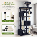 Globlazer Cat Tree for Indoor Cats, 80in Heavy Duty Cat Tower with 6 Full Wrapped Sisal Scratching Posts, 3 Spacious Multi-Level Cat Condos, Oversized Fan-Shaped Perch, S80, Dark Grey