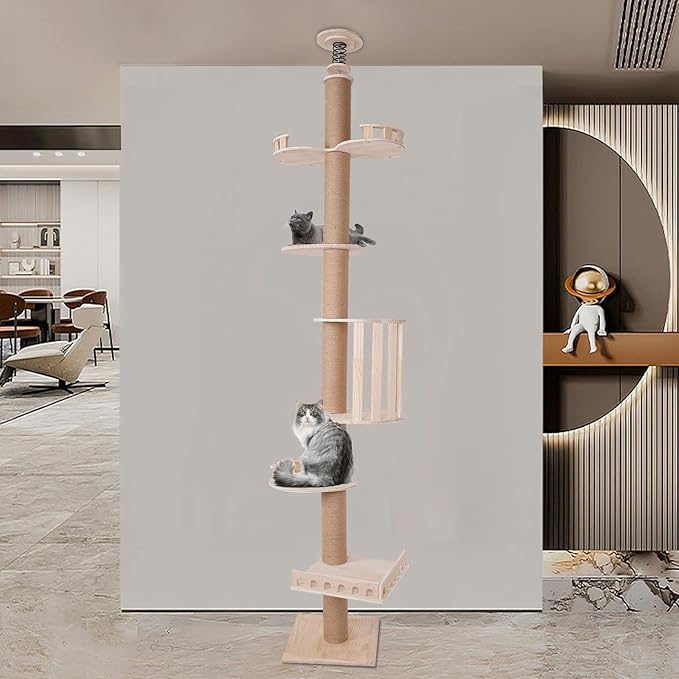 Cat Climbing Tower, Natural Sisal Rope Scratching Post Adjustable Tall Cat Activity Tree, Floor to Ceiling cat Tree,100.4-104.3" Tall Wood Cat Tower Tree Wall with Sisal Scratching Climbing Posts