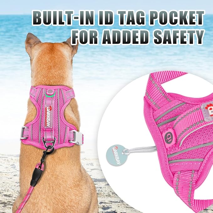BARKBAY No Pull Dog Harness Large Reflective Dog Harness with Front Clip and Easy Control Handle for Walking Training Running with ID tag Pocket(Pink,XL)