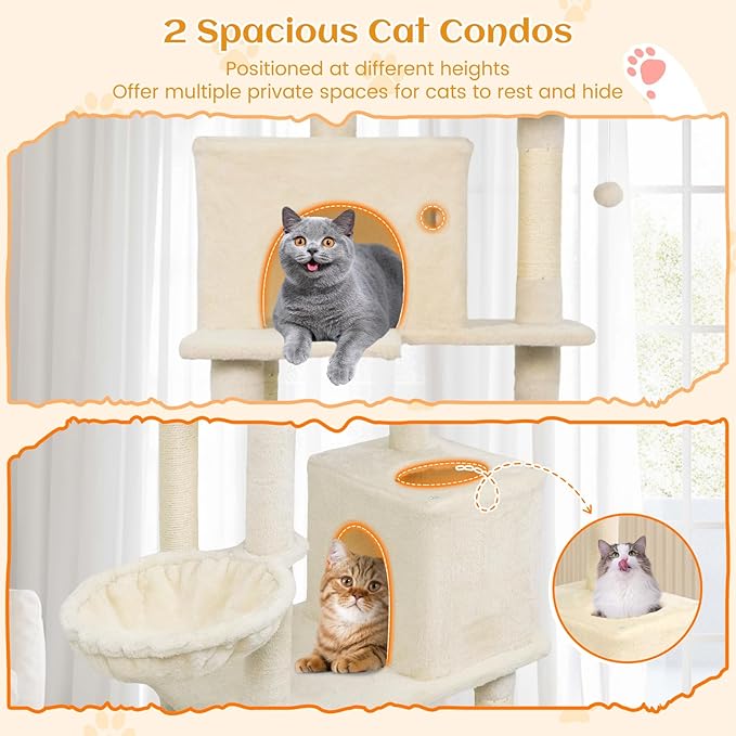 Tangkula 80 Inch Tall Cat Tree, Multi-Level Cat Tower with Sisal Scratching Posts, 2 Condos, Plush Perch, Hammock, Basket, Dangling Toys, Cat Climbing Furniture for Indoor Cats (Beige)