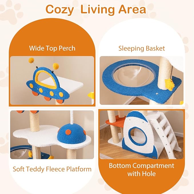 PETSITE 64.5 Inch Space-Themed Cat Tree, Multi-Level Cat Tower with Sisal Scratching Posts, UFO-Shaped Top Perch, Climbing Ladder, Hanging Star-Shaped Jingling Toys, Cute Cat Tree for Indoor Cats