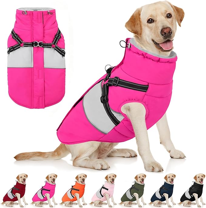 AOFITEE Dog Coat Warm Dog Winter Coat, Waterproof Dogs Jacket with Harness, Dogs Snow Jacket Snowsuit with Zipper & Furry Collar, Reflective Windproof Pet Sweater for Cold Weather, French Bulldog, L