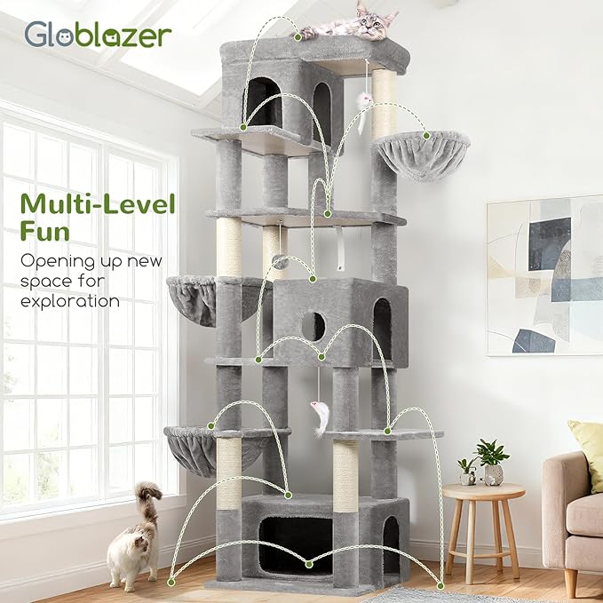 Globlazer Large Cat Tree, 80 inch Multi-Level Tall Climbing Tower Kitty Condos Cat Scratching Tower for Indoor Multiple Large Adult Cats Kittens with 3 Cat Caves, 3 Hanging Baskets, F80F, Light Grey