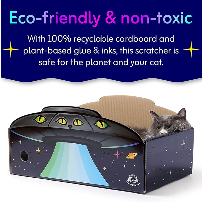 UFO Cat Scratcher Box for Indoor Cats, Extra Large 20" Cardboard Scratcher House with Reversible Pad, Enclosed Cat Lounge for Large Cats, 20 x 12 x 6 in