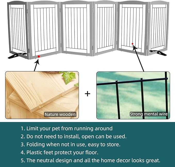 Dog Fence Indoor,Dog Gate Indoor for Doorway pet gate -6-Panel Freestanding, Hallways, House or Stairs -120x32-Inch Retractable Foldable Expandable Wood Pet by SFJC (Grey) ﻿