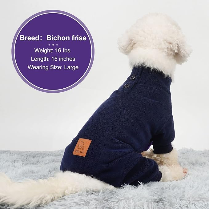 cyeollo Dog Pajamas for Small Dogs Thermal Fleece Pjs Jumpsuit for Dogs Stretchable Dog Onesie Warm Winter Cold Weather Coats Pet Clothes, Navy L