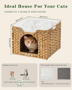 Cat Beds Indoor Kitten House, Handwoven Rattan Cat Cave Pet Cube, Large Cat Houses, One Bed Mat, Foldable, Hideaway, 16.5x16.5x13.2 Inches, 2 S-Shaped Hooks in Living Room Bedroom Natural