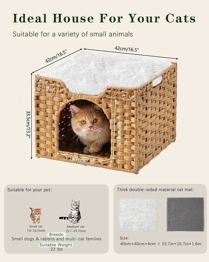 Cat Beds Indoor Kitten House, Handwoven Rattan Cat Cave Pet Cube, Large Cat Houses, One Bed Mat, Foldable, Hideaway, 16.5x16.5x13.2 Inches, 2 S-Shaped Hooks in Living Room Bedroom Natural