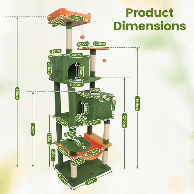 PETSITE Multi-Level Cat Tree, 75 Inches Tall with Sisal Scratching Posts, 2 Condos, Hammock, Dangling Balls, and Cozy Top Perch, Ideal for Indoor Cats to Play and Rest (Green)