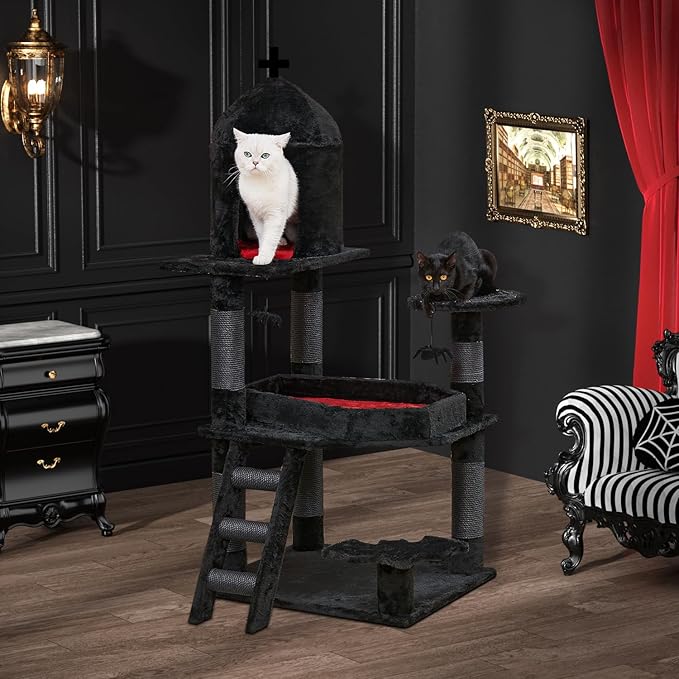 Gothic Cat Tree with Coffin Bed，55" Cat Tower with Spacious Cat Condo，Scratching Posts，Spider Hanging Ball，Multi-Level Cat Activities Furniture for Large Cats, Black Halloween