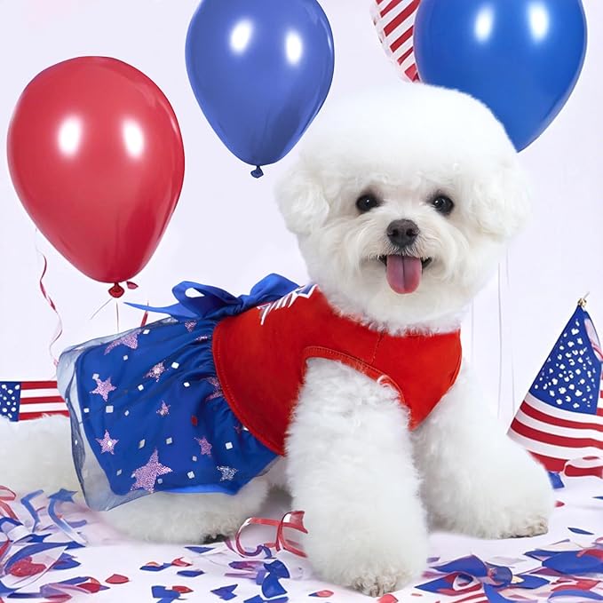 XPUDAC 4th of July Tulle Dog Dress Patriotic Clothes Doggie Outfit with Bow Independence Stars Skirt Pet Holiday Apparel for Small Dog Girl Cat, L