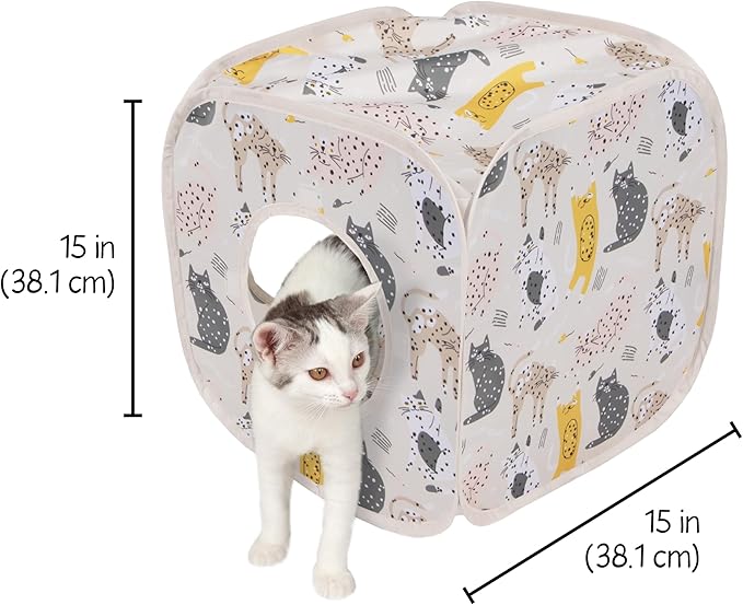 Kitty City Cat Print Pop-Up Cat Play Cube, Collapsible Indoor Cat Hideout with Peekaboo Openings, Lightweight Foldable Cat Cube for Play & Lounging, Pink
