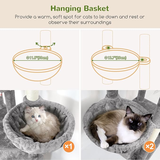 Globlazer Large Cat Tree, 80 inch Multi-Level Tall Climbing Tower Kitty Condos Cat Scratching Tower for Indoor Multiple Large Adult Cats Kittens with 3 Cat Caves, 3 Hanging Baskets, F80F, Light Grey