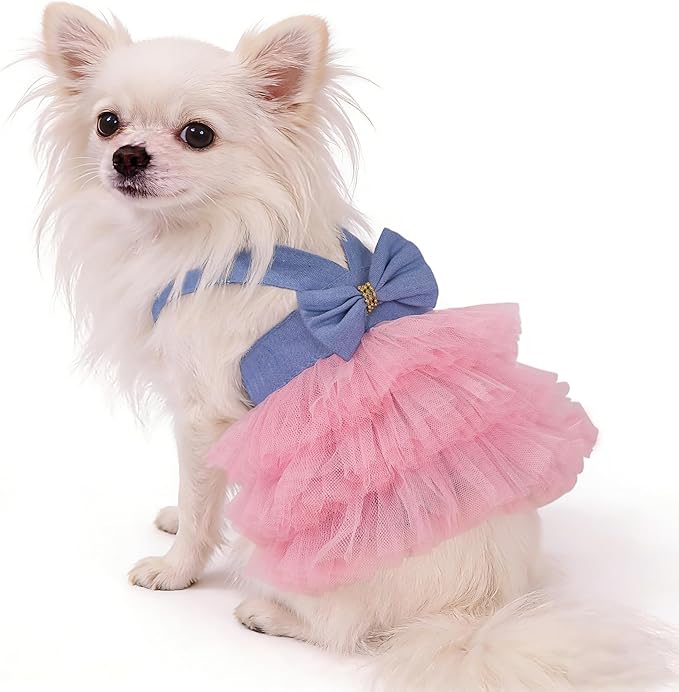 Dog Dress, Fashion Puppy Tutu Princess Dresses for Small Dogs Girl, Sweet Skirt with Dog Bowknot Clips, Spring Dog Cat Clothes Pet Apparel (Denim Dress Tutu, Medium)