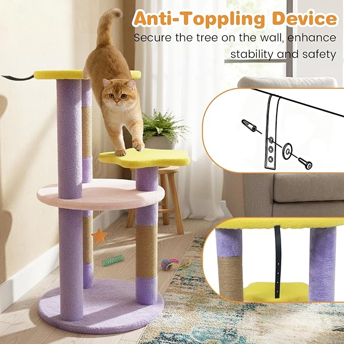 Tangkula Cute Cat Tree, 29 Inch Multi-Level Cat Tower with Jute Scratching Posts, Star & Moon Shaped Platforms, Perch Dangling Toy, Cat Climbing Furniture for Indoor Cats (Purple)