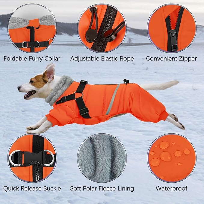 BRKURLEG Small Dog Winter Coat with Harness Built in, Orange Winter Dogs Jackets, Fullbody Dog Coat, Dogs Snowsuits Reflective Windproof Cold Weather Coats, Pet Warm Fleece Coats, M