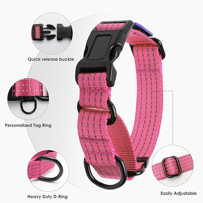 Martingale Dog Collar, Reflective No Pull Training Collar with Quick Release Buckle & USA Flag, Heavy-Duty Nylon, Adjustable for Small Medium Large Dogs (L,Pink with Flag