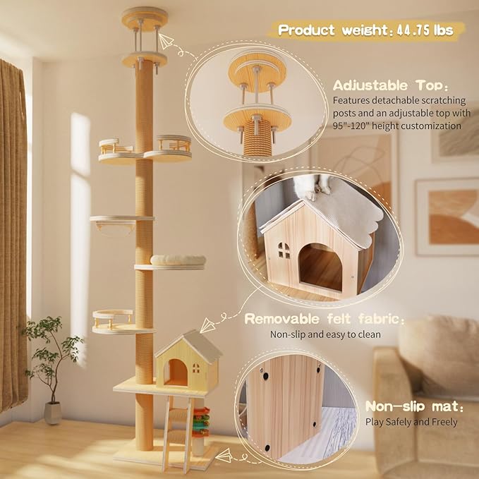 Floor to Ceiling Cat Tree Adjustable Height (95-120 Inches) - 5 Tier Tall Cat Tower for Large Cats, Sturdy Sisal Scratching Post with Condo, Space-Saving Design for Multi-Cat Households