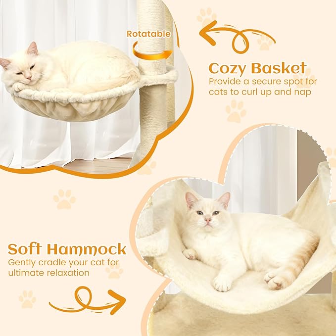 Tangkula 80 Inch Tall Cat Tree, Multi-Level Cat Tower with Sisal Scratching Posts, 2 Condos, Plush Perch, Hammock, Basket, Dangling Toys, Cat Climbing Furniture for Indoor Cats (Beige)