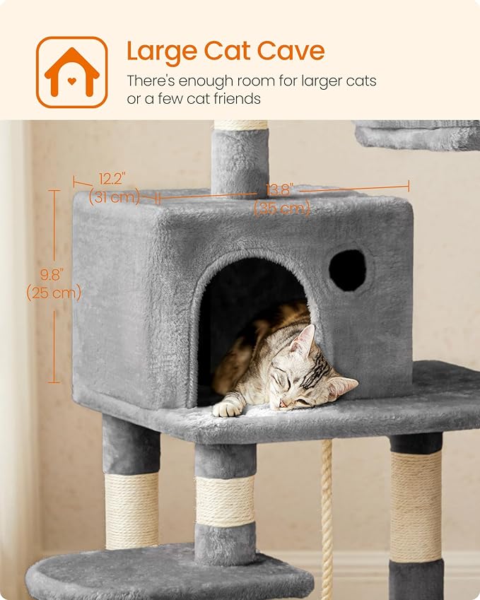 Feandrea Cat Tree, 56.3-Inch Cat Tower, Multi-Level Plush Condo with 11 Scratching Posts, 2 Perches, Hammock, Cave, Light Gray UPCT15W