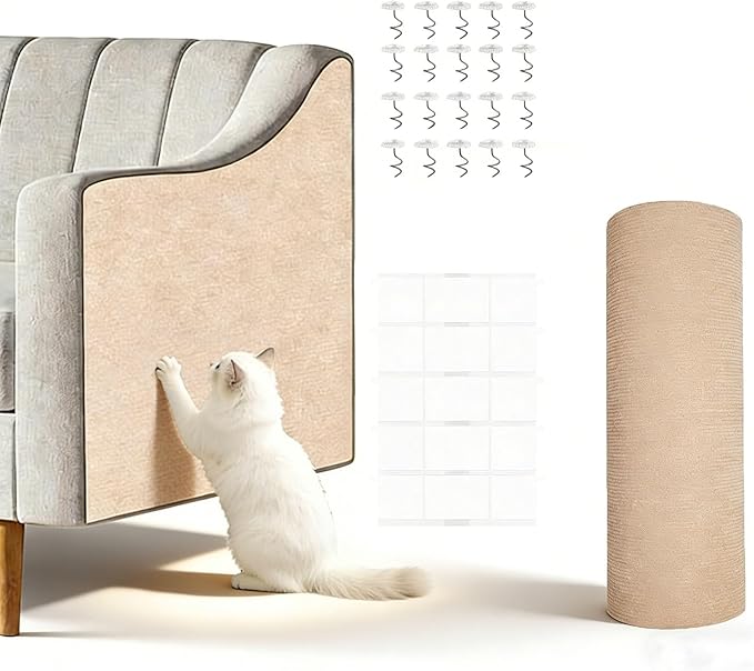 Cat Scratch Couch Furniture Protector-118 x15.8 cat Scratch Mat for Couch Furniture and Wall Protector,Trimmable Self-Adhesive DIY Climbing Cats Scratcher Couch Protector（Khaki）