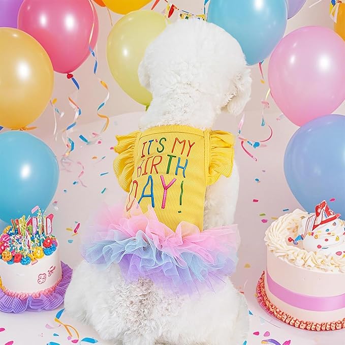 Dog Birthday Dress It's My Birthday Dog Dress Small Doggy Girl's Tutu Dresses Ruffle Sleeless Puppy Clothes Tulle Lace Skirt Pet Costume Cat Outfits (Yellow, L(18-25lb))