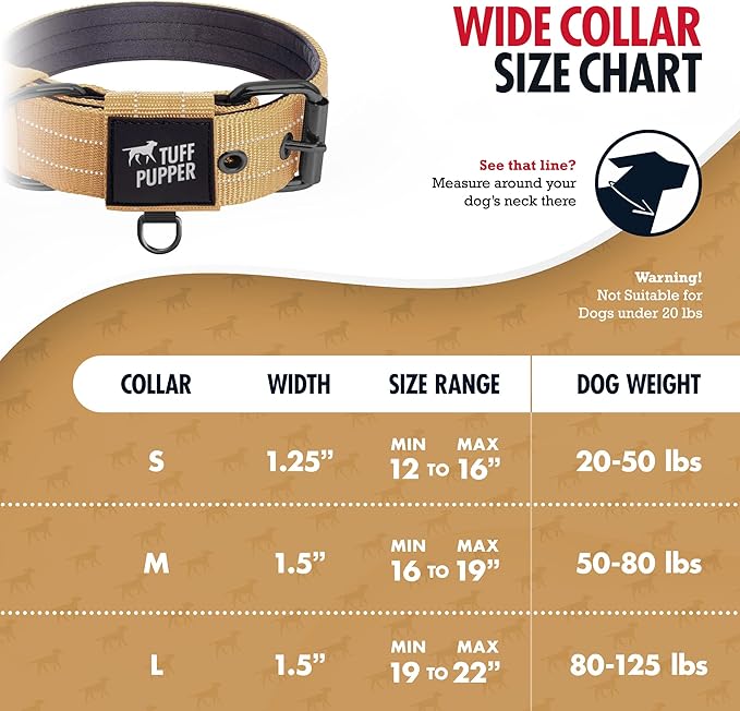 Tuff Pupper Heavy Duty Tactical Dog Collar | 1.5" Wide Ballistic Nylon | Reflective Stitching | Integrated ID Tag Holder | Stainless Steel Buckle | Padded Lining | Medium & Large Dogs (Tan, Medium)