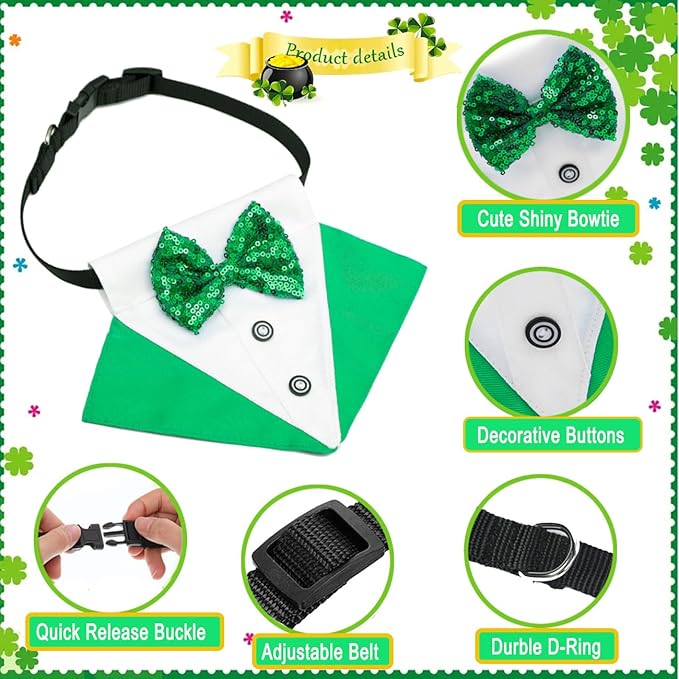 St.Patrick's Day Dog Tuxedo Bandanas Costume Pet Green Irish Outfits Adjustable Saint Patrick's Day Dog Scarf Bow Tie Collar for Large Dogs Cats Cosplay Party Dress Doggie Bibs (Green, Large)