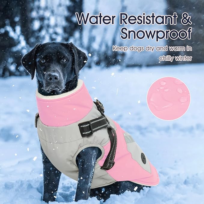 IECOii Dog Winter Coat with Harness Built in, Waterproof Windproof Dog Coats for Large Dogs, Thermal Fleece Lined Cold Weather Jackets with Zip, Outdoor Warm Snow Jacket Reflective, Pink, XLarge