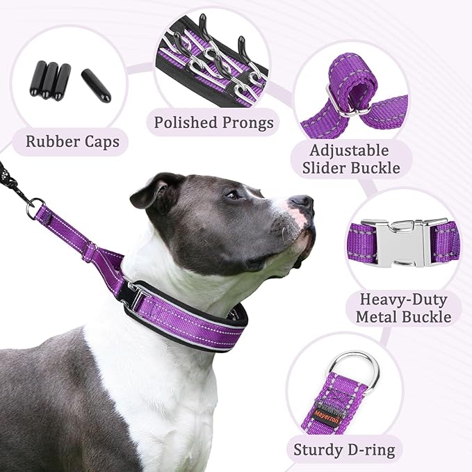 Mayerzon Prong Collar for Large Medium Dogs, Patented Reflective Pinch Collar with Metal Buckle, No Pull Adjustable Hidden Covered Dog Walking Training for Pitbull German Shepherd Doberman(Purple, XL)