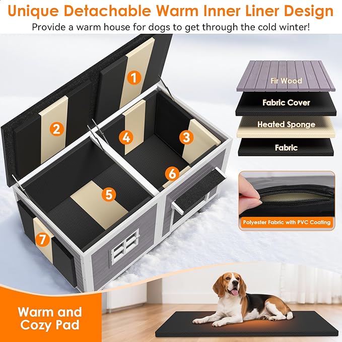59" Dog House with Insulated Liner, Extra Large Dog House for Outdoor with Weatherproof Roof, Anti-Chewing Metal Frame Design for Small Medium Large Breeds Dogs(Grey)