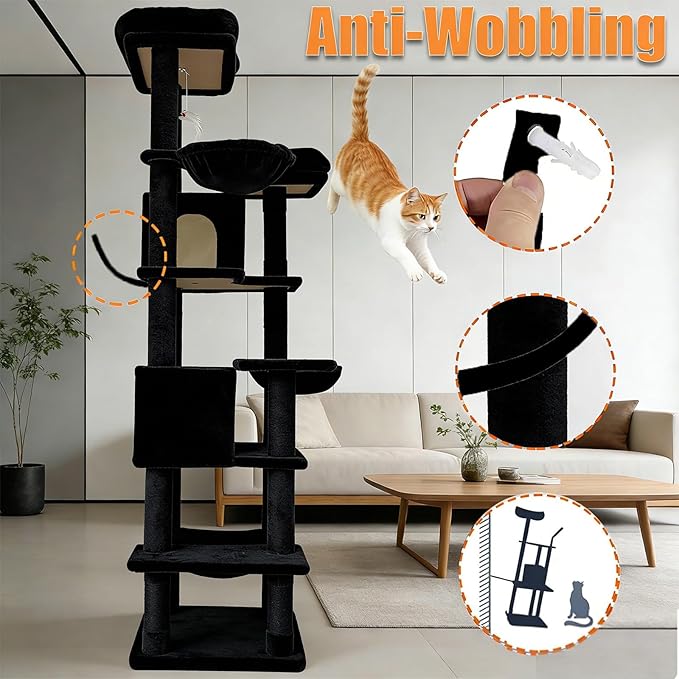 KAWHBET 68in Cat Tree,Cute Cat Tower Big Multi-Level Cat Tower for Large Cats with Removeable Cushion,Hammocks Sisal Scratching Posts,Condos,for to Play and Sleep Cat Tree for Indoor Cats (Black)