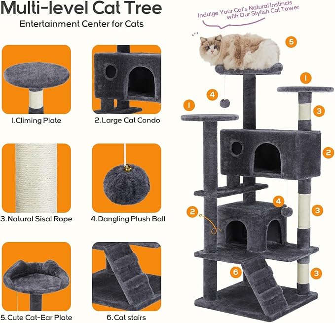54 Inches Cat Tree, Cat Tree Tower Condo with Scratching Post for Cats House Play, Detachable Cat Tower, Multi-Level Furniture Activity Center for Kittens Pet House, Dark Gray