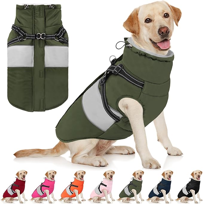 AOFITEE Dog Coat, Large Dog Jacket, Dogs Coat with Harness Built in, Reflective Waterproof Dogs Jackets Winter with Furry Collar, Warm Polar Fleece Pet Sweater Snowsuit for Doberman, Great Dane, XXL