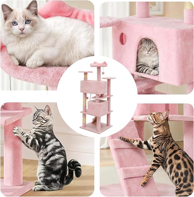 77" Cat Tree Tower Multi-Level Cats Condo with Large Perch, Sisal Scratching Posts and Ramp for Kittens to Adults Cats, Fits Living Room, Bedroom, Apartments, Soft Pink