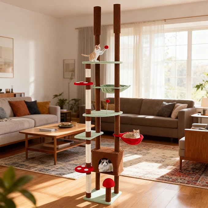 PETSITE Mushroom Floor to Ceiling Cat Tree, 79.5-104.5 Inches Height Adjustable Cute Ceiling Cat Tower with Sisal Scratching Posts, Condo, Side Basket Bed, Spring Toy, and Multiple Jumping Platforms