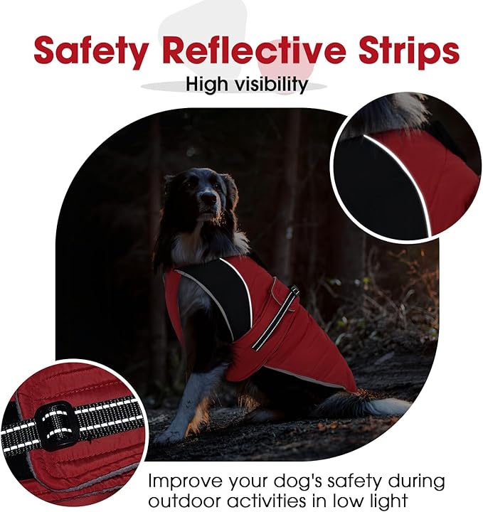 Nanaki Warm Fleece Lined Furry Collar Winter Coats Jackets Vests for Dogs, Waterproof Reflective Dog Snowsuit with Leash Hole Outdoor Walking Hunting, Easy On Pullover Medium Dog Puppy Coat Red XL